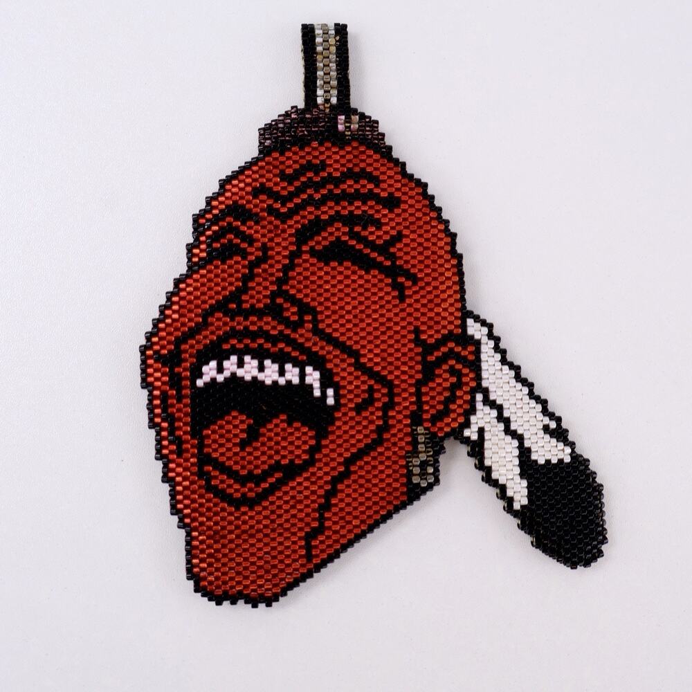 Hand Beaded Medallion Pendant Keychain Native American Style Red Face Feather